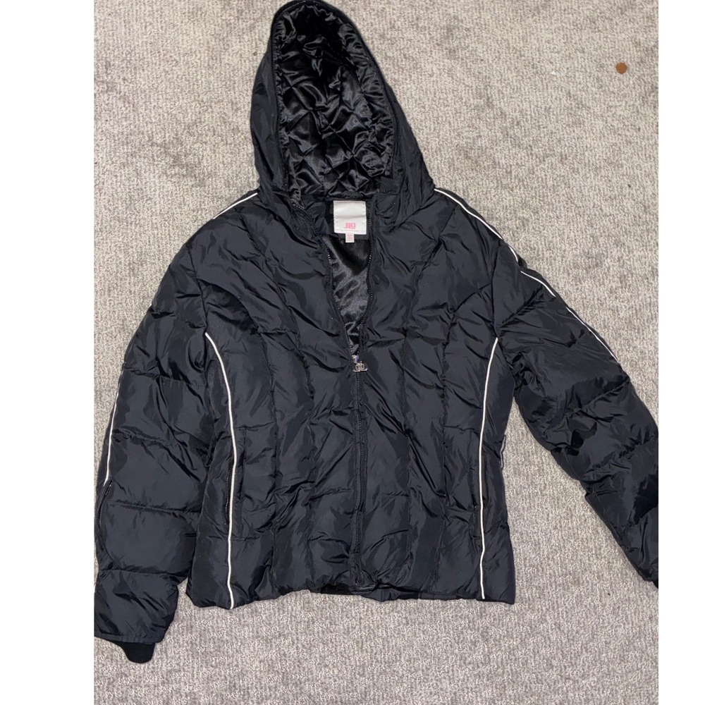JLO by Jennifer Lopez Black Puffer Jacket Hooded Quilted Full Zip Women Large